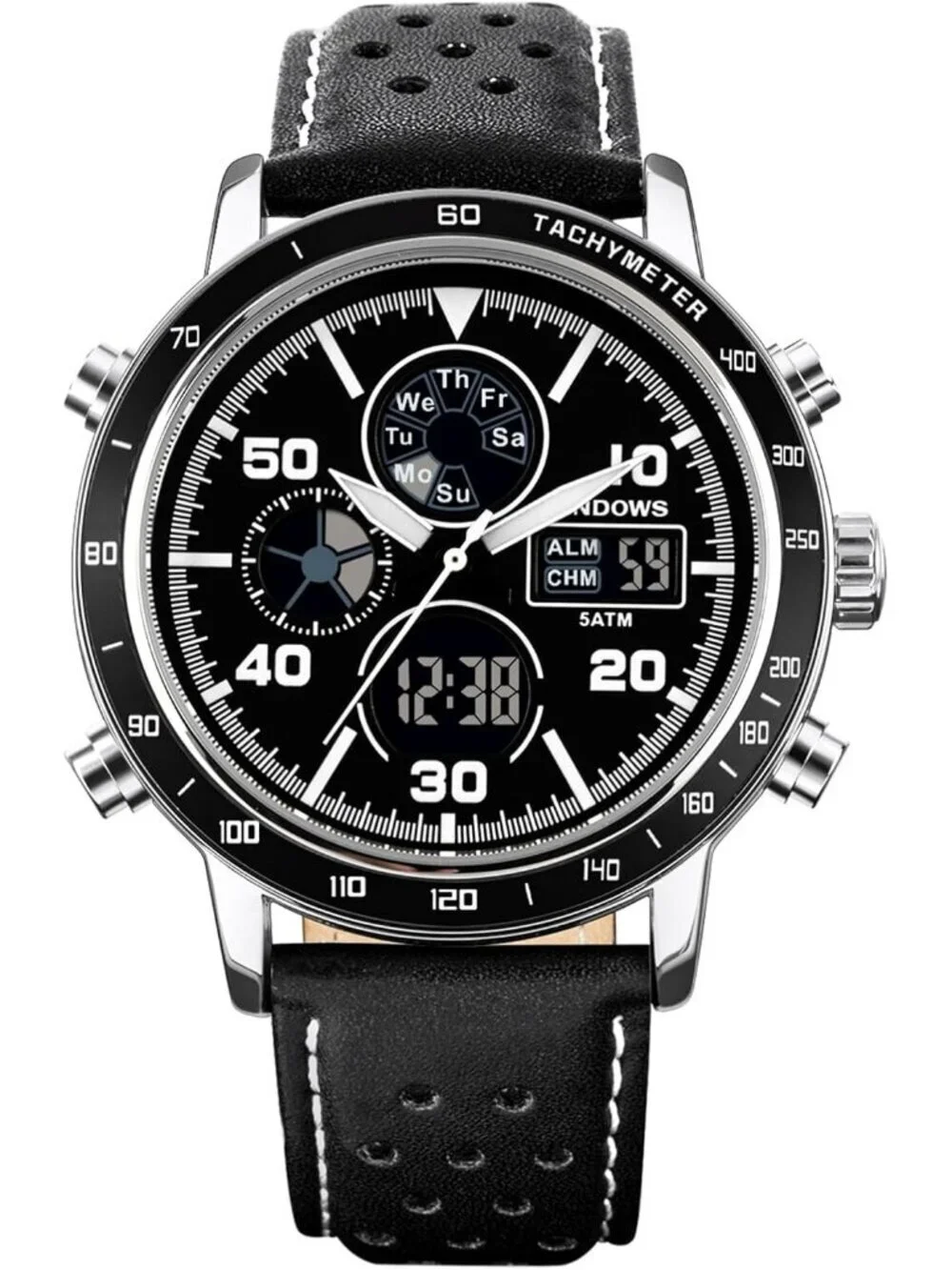 Men's All Black Analog Leather Waterproof Military Multifunctional Digital Watch